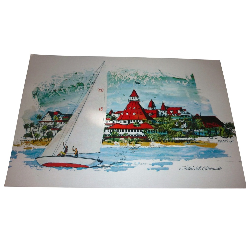 Vintage Hotel  Coronado Postcard Ray Willsap Artist Signed San Diego CA Unused